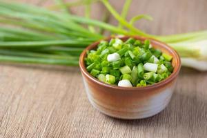 Sliced spring onions in a ceramic cup photo