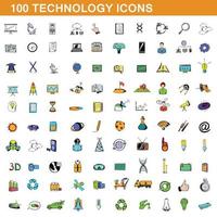 100 technology icons set, cartoon style vector