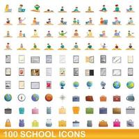 100 escuela, conjunto de iconos de estilo de dibujos animados vector