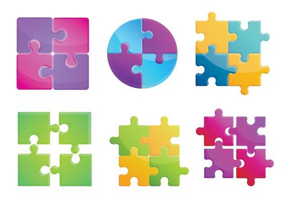 Jigsaw icons set, cartoon style