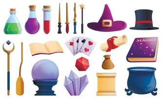 Wizard tools icons set, cartoon style vector