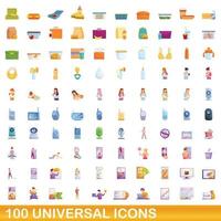 100 universal icons set, cartoon style vector