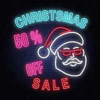 Christmas sale neon sign with santa claus. Vector illustration.