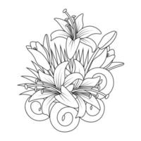 blooming doodle flower with continuous line art coloring book page vector