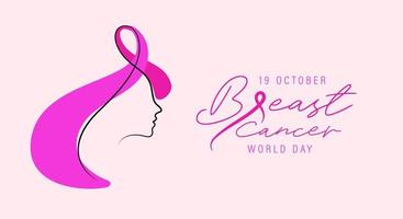 diseño de minimalismo de cara de mujer en concepto de cáncer de mama con ilustración de vector de cinta de conciencia de cáncer