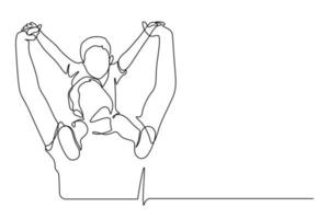 Father carrying son on shoulders with arm raised pose action line art vector