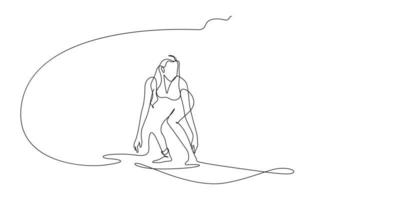 mujer surfista montando en tabla de surf ilustración de arte de línea vector