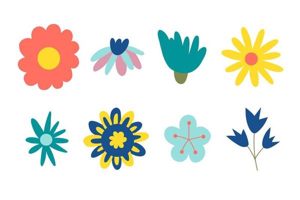 70s retro flower clipart elements. Cute retro design, isolated on white