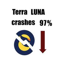 Terra Luna coin crash 97. Cryptocurrency token crisis symbol  on dark blue background. Terra Luna coin downtrend price crash. vector