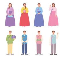 hombres y mujeres en hermosa ropa tradicional coreana, hanbok. vector