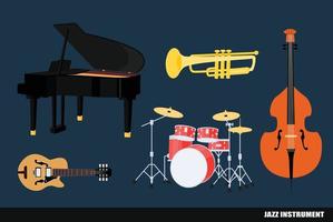 instrumentos para jazz. piano, trompeta, guitarra, batería, contrabajo.