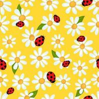 Seamless spring pattern with simple chamomile and ladybug. Print for fabric and wrapping paper. vector