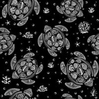 Zentangle stylized cartoon turtle seamless. Pattern with turtle and seaweed. vector