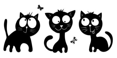 Three cute black cats and butterfly on white background