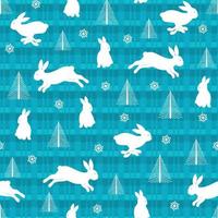 Christmas pattern 2023. White rabbits, snowflakes and tree. vector