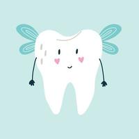 Cute smiling character white tooth fairy with blue wings pink cheeks in the shape of hearts vector