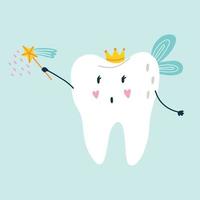 Cute funny character white tooth fairy with blue wings in a crown and a magic wand vector