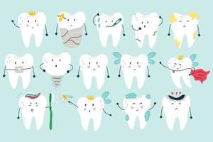 Big collection of cartoon characters white fairy teeth with different emotions vector