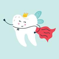 Cute smiling character white tooth super hero with a red cape wearing a gold crown vector