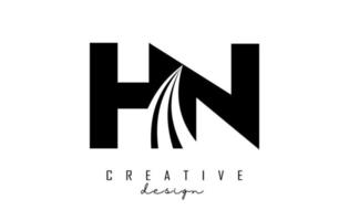 Creative black letters HN h N logo with leading lines and road concept design. Letters with geometric design. vector