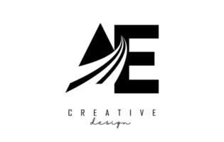 Creative black letters AE a e logo with leading lines and road concept design. Letters with geometric design. vector