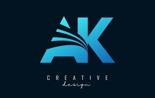 logotipo de letras azules creativas ak ak con líneas principales y diseño de concepto de carretera. letras con diseño geométrico. vector