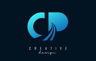 Creative blue letters CP c p logo with leading lines and road concept design. Letters with geometric design. vector