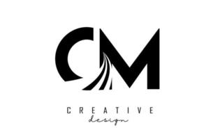 Creative black letters CM c m logo with leading lines and road concept design. Letters with geometric design. vector