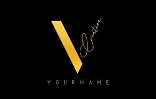 Creative golden V logo with cuts and handwritten text concept design. Letter with geometric design. vector