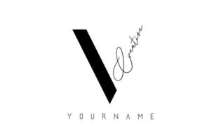 Creative V logo with cuts and handwritten text concept design. Letter with geometric design. vector