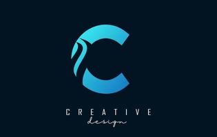 Letter C logo with negative space design and creative wave cuts. Letter with geometric design. vector