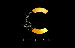 Creative golden C logo with cuts and handwritten text concept design. Letter with geometric design. vector