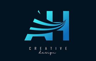 Creative blue letters AH A H logo with leading lines and road concept design. Letters with geometric design. vector