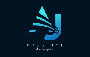 Creative blue letters AJ A J logo with leading lines and road concept design. Letters with geometric design. vector