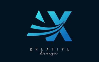 Creative blue letters AX A X logo with leading lines and road concept design. Letters with geometric design. vector