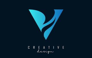 Letter V logo with negative space design and creative wave cuts. Letter with geometric design. vector