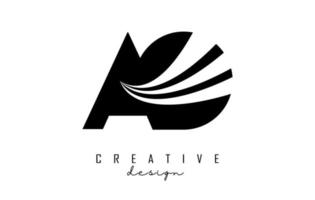 Creative black letters AO A O logo with leading lines and road concept design. Letters with geometric design. vector