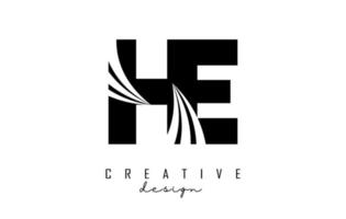 Creative black letters HE h e logo with leading lines and road concept design. Letters with geometric design. vector