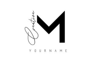 Creative M logo with cuts and handwritten text concept design. Letter with geometric design. vector