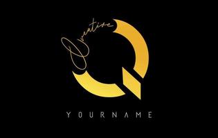 Creative golden Q logo with cuts and handwritten text concept design. Letter with geometric design. vector