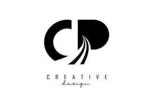 Creative black letters CP c p logo with leading lines and road concept design. Letters with geometric design. vector