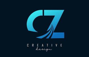 Creative blue letters CZ c z logo with leading lines and road concept design. Letters with geometric design. vector