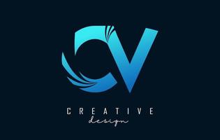 Creative blue letters CV c v logo with leading lines and road concept design. Letters with geometric design. vector