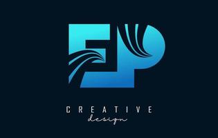 Creative blue letters EP e p logo with leading lines and road concept design. Letters with geometric design. vector