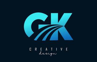 Logotipo creativo de letras azules gk gk con líneas principales y diseño de concepto de carretera. letras con diseño geométrico. vector