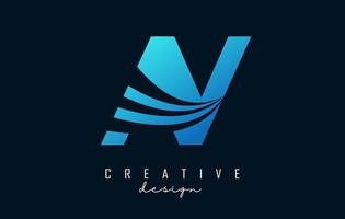 Creative blue letters AV A V logo with leading lines and road concept design. Letters with geometric design. vector