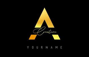Creative golden A logo with cuts and handwritten text concept design. Letter with geometric design. vector