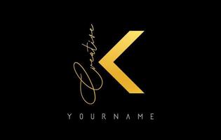 Creative golden K logo with cuts and handwritten text concept design. Letter with geometric design. vector