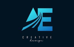 Creative blue letters AE a e logo with leading lines and road concept design. Letters with geometric design. vector