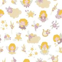 Seamless pattern with angels, harps and flowers. Design for fabric, vector